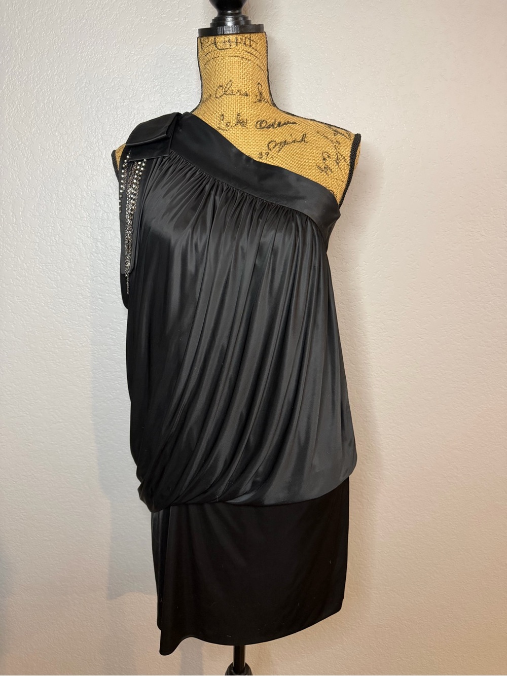 Vintage Robert Rodriguez One-Shoulder Black Draped Satin Mini Dress